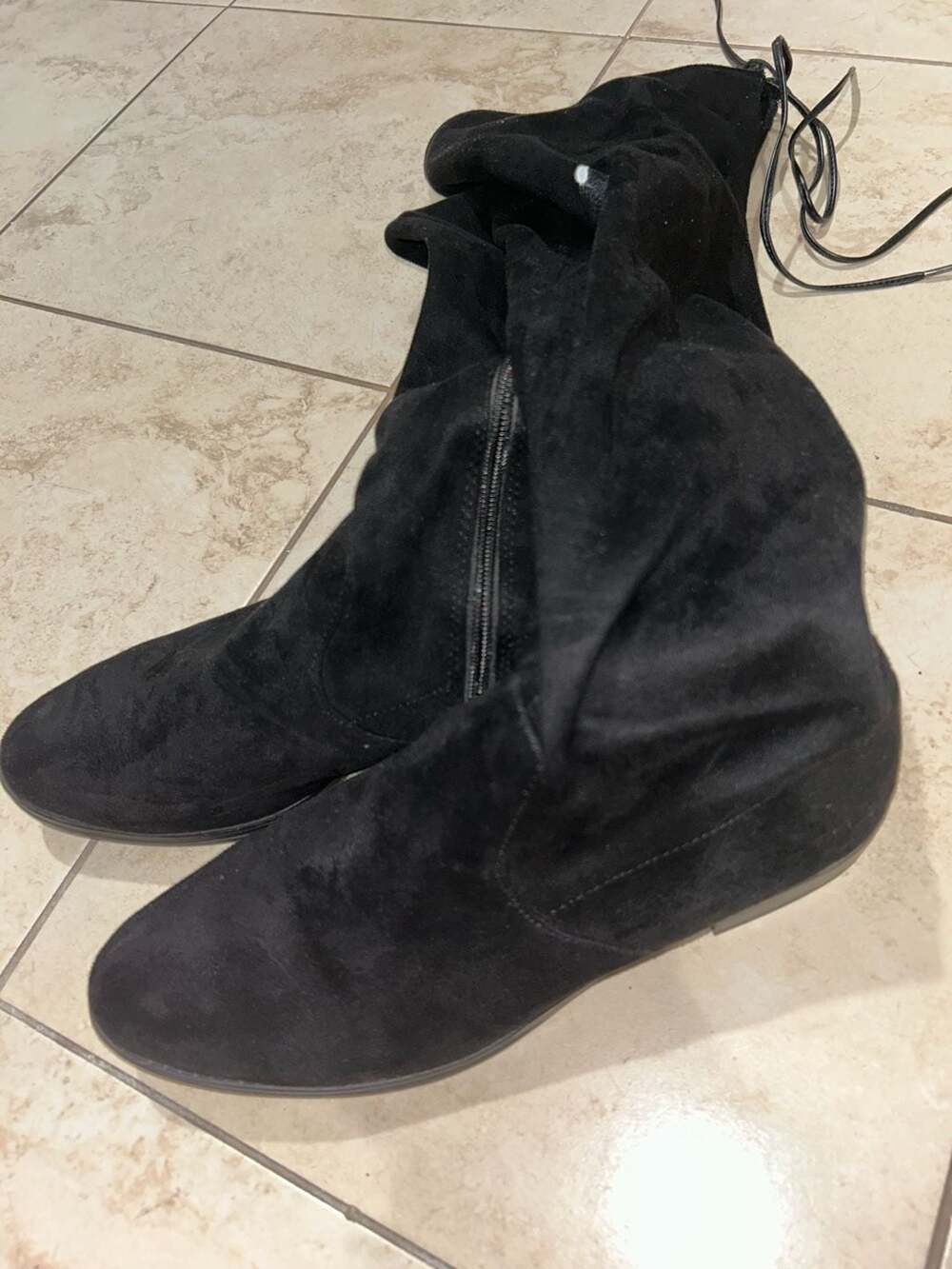 Black Suede Faux Suede Over-the-Knee Flat Boots with Back Lace-Up Detail